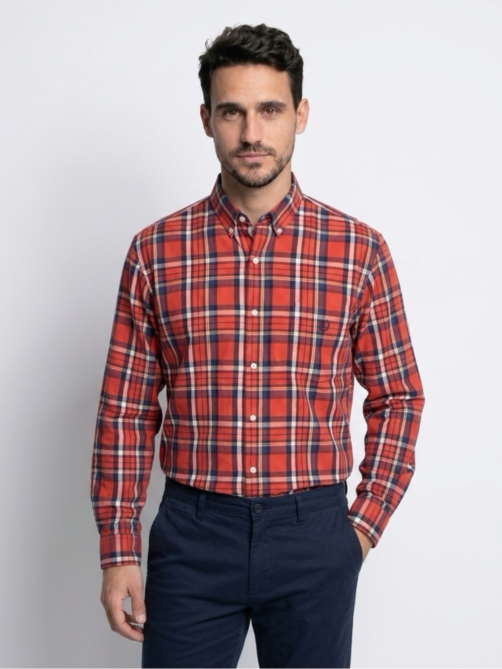 Chaps Easy Care Shirt Mens 2XL Red Orange Navy Plaid Button-Down LS